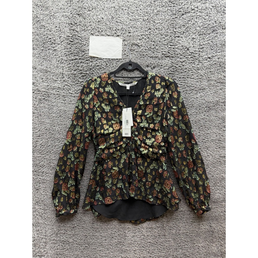 NWT Veronica Beard Silk Blend Long Sleeve Joyce Blouse Black Multi Womens Size 4